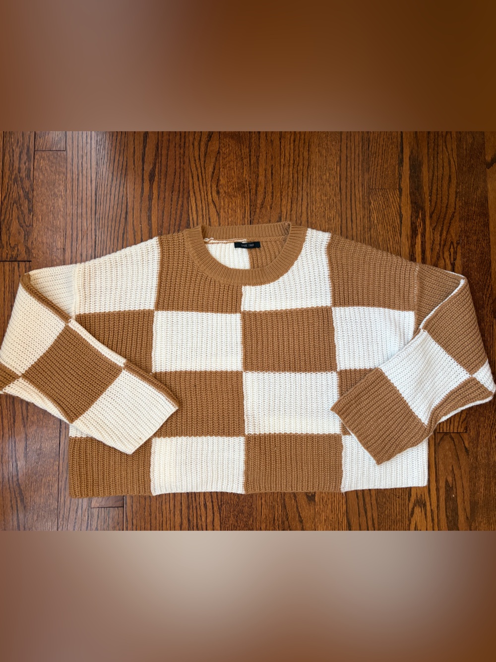 Checkerboard Crew Neck Sweater in Cream and Brown - Women's